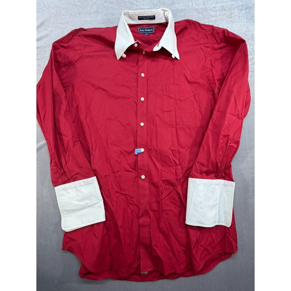 Paul Frederick Men Dress Shirt Red Finest Two Ply Cotton Pinpoint 17.5 34 Banker